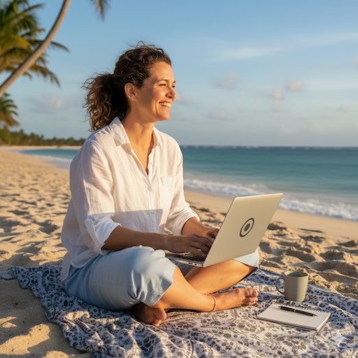 Woman working on laptop at beach